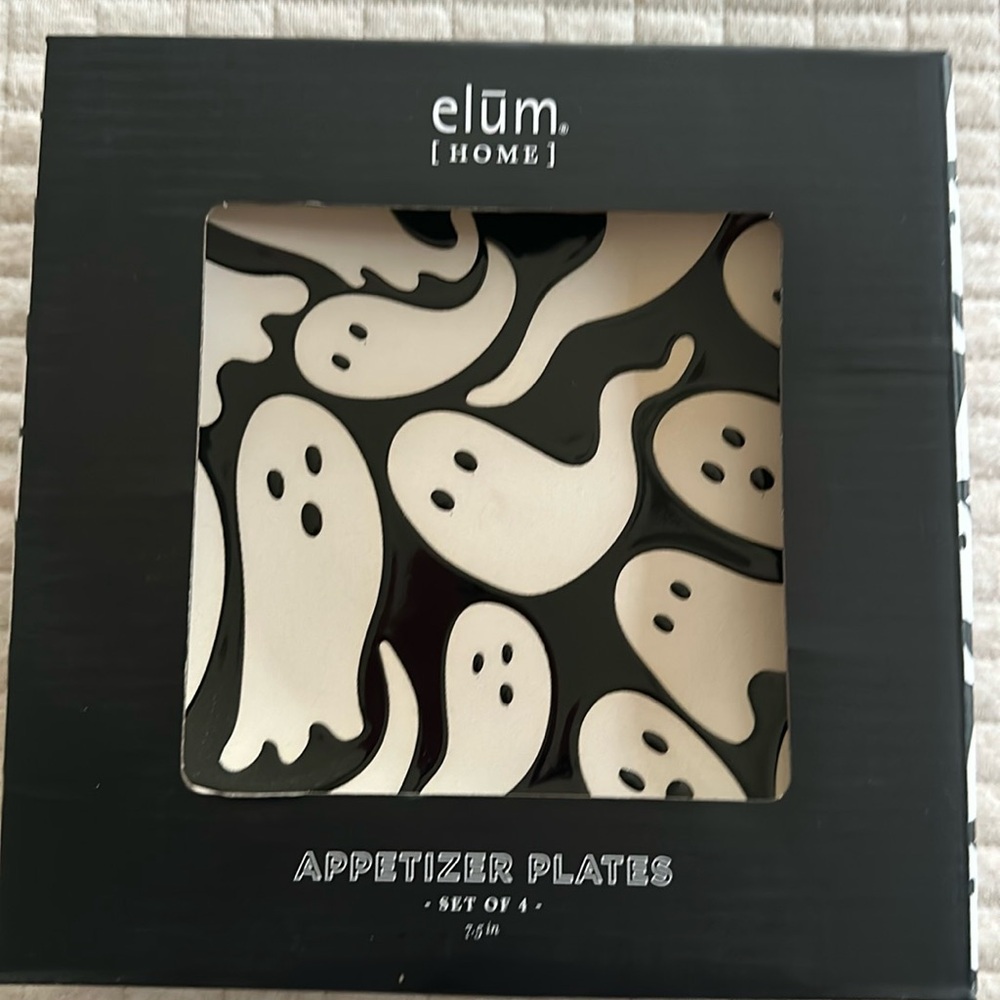 Elum Appetizer Plates Halloween Ghost Black & Ivory Set of 4 NEW